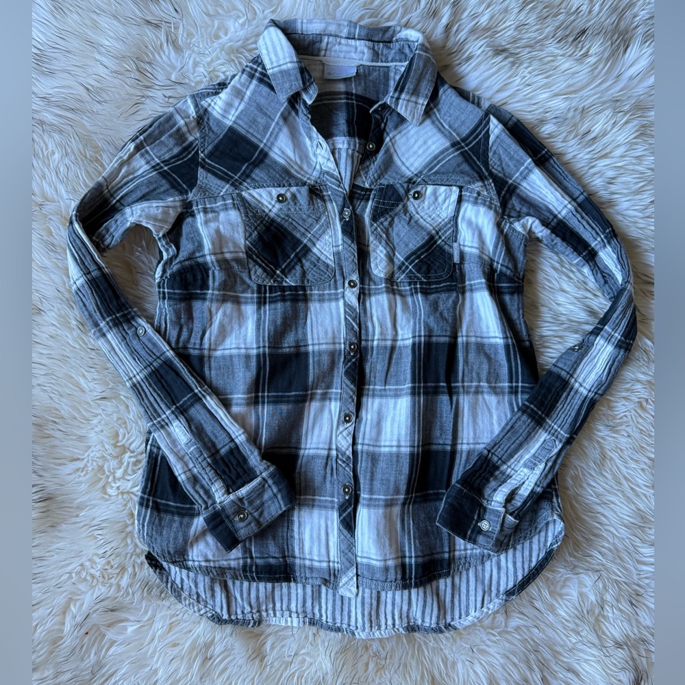 Columbia Plaid Button Up Shirt Men’s Medium Gray White 100% Cotton